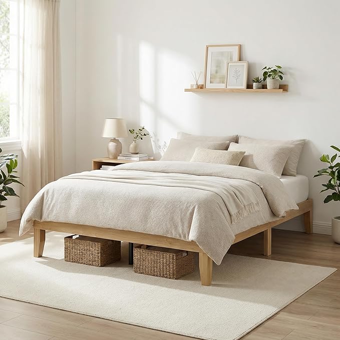Bed Frame Queen Size, Wood Platform Bed Frame with Solid Wood Slats & Legs, Noise-Free, No Box Spring Needed, Easy Assembly, Minimalist Japandi Style