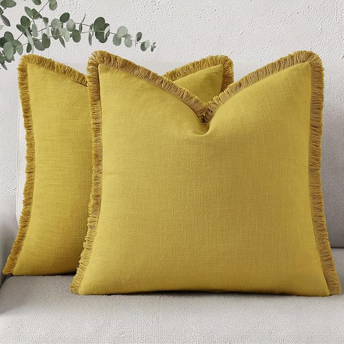 decorUhome Summer Decorative Neutral Linen Fringe Throw Pillow Covers Set of 2 Mustard Yellow Pillow Covers with Tassels Soft Farmhouse Boho Accent Pillow Cases for Couch Bed Sofa 20x20 Inch