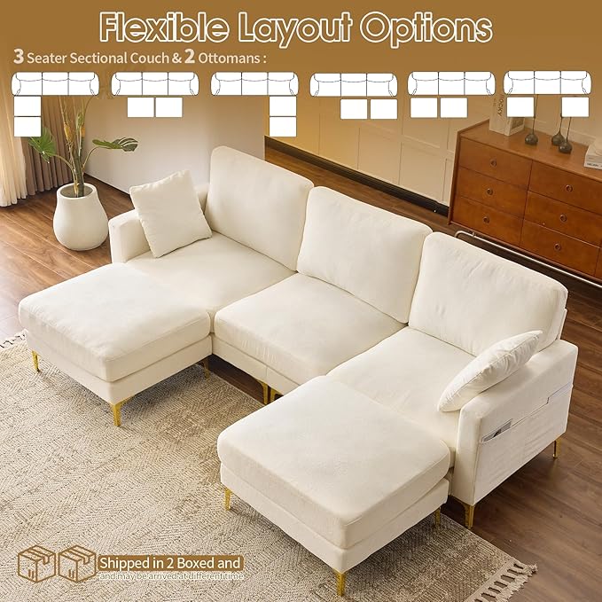 VINGLI 100" W U Shaped Couch with Ottoman, 22" Deep Seat Comfortable Sectional Couches for Living Room, 3 Seater Chenille Fabric Cloud Sofa for Apartment, Small Spaces, Bedroom, Beige