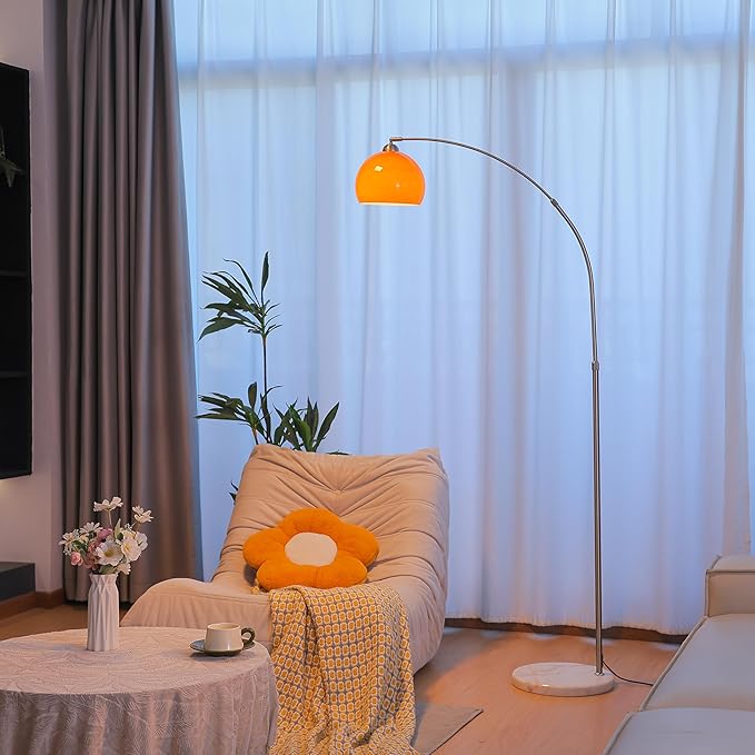 Orange Arc Floor Lamp, Mid Century Modern Arched Floor Lamp with Orange Glass Shade, Adjustable Height & Reach, Brushed Nickel Stainless Steel, White Marble Base Standing Lamp for Living Room Bedroom