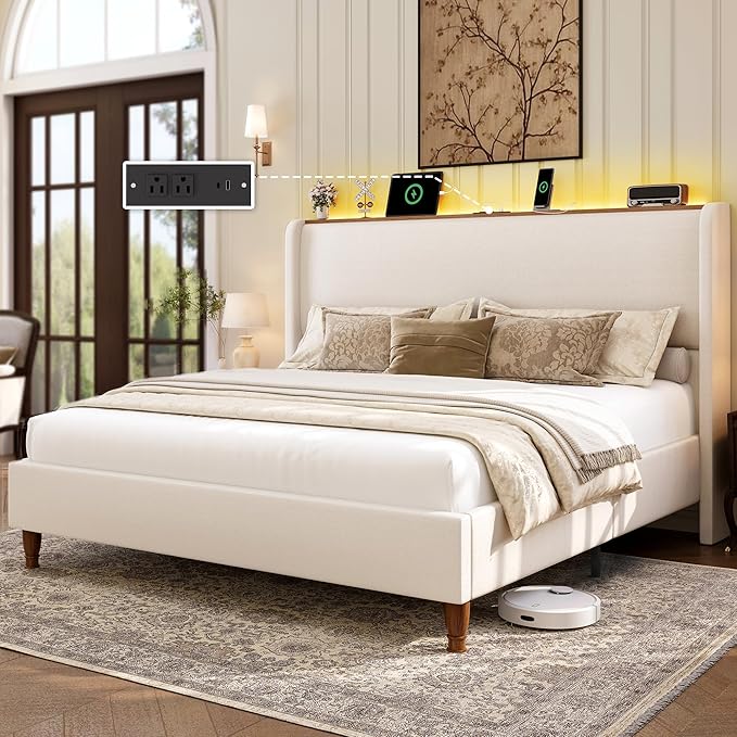 LARMACE Queen Size Bed Frame with LED Lights and Charging Station Linen Upholstered Platform Bed Frame with 51.2" Tall Headboard Wingback and Storage Shelf, No Box Spring Needed, Noise Free, Beige