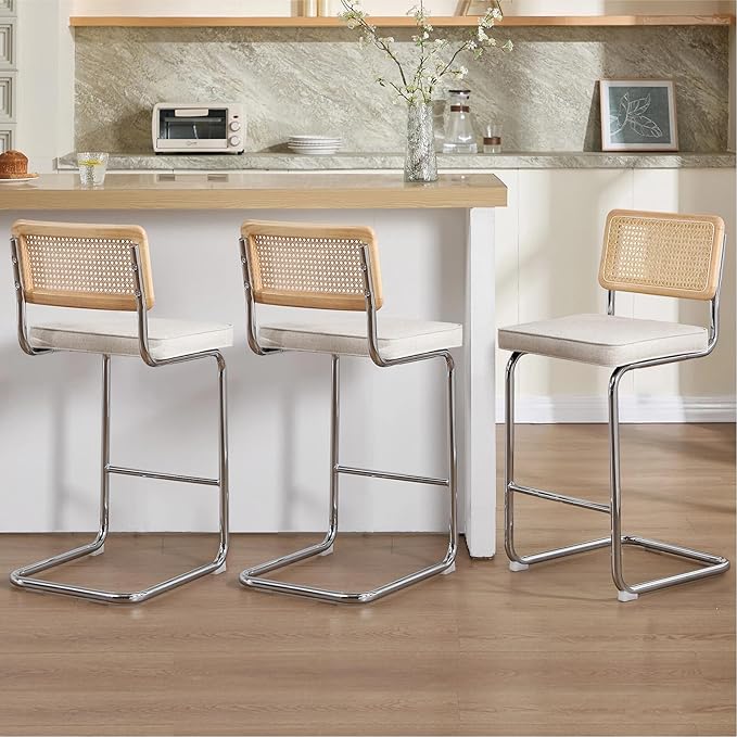 Zesthouse Natural Rattan Counter Stools Set of 4, 26'' Modern Counter Height Barstools, Thin Linen Bar Stools with Solid Wood Back, Mid Century Cantilever Bar Chairs for Kitchen Island, Beige Grayish