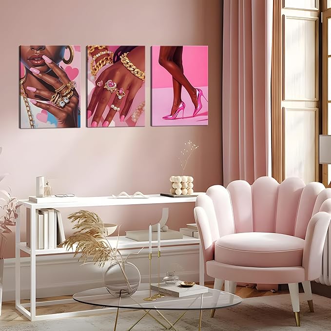 Framed Pink Black Girl Wall Art Set of 3, African American Black Women Canvas Prints Poster, Fashion Gorgeous Girl Paintings Pictures Artwork for Bathroom Bedroom Living Room Wall Decor 12x16 Inch