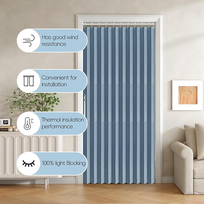 Jilron Accordian Door Curtain, 100% Blackout Folding Magnetic Doorway Curtains,Linen Style Closet Doors,for Room Divider,Privacy Protection（W52 x L78,Blue,1 Panel）