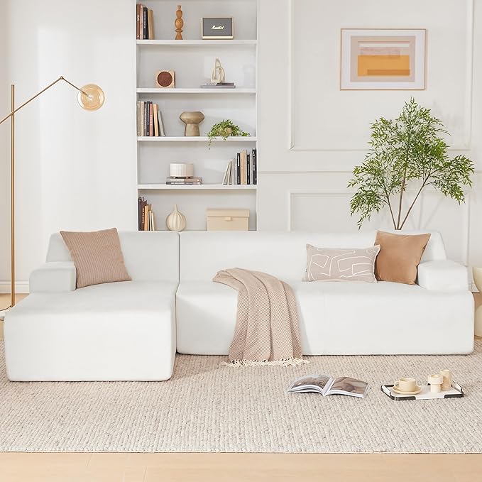 Weture 107" Modular Sectional Cloud Couch, Boneless couches Sponge sectionals for Living Room, High Density Sponges Sofa, Modular L-Shape with Chaise, White