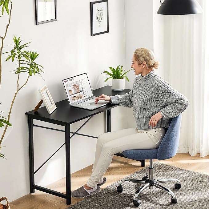 Sweetcrispy Computer Office Desk 55 Inch Student Study Writing Work with Metal Frame Wood Tabletop Modern Simple PC Home Bedroom Table - Black