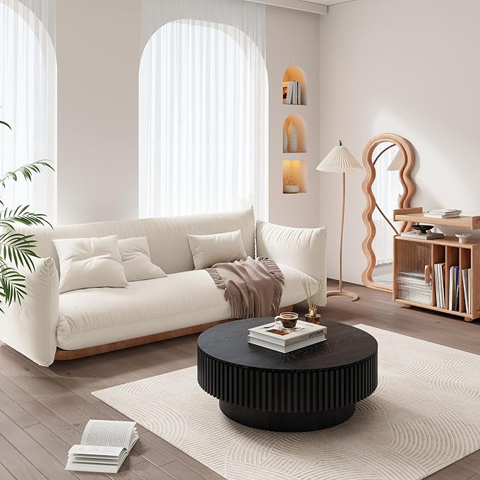 39.37'' Round Coffee Table with Storage, Modern Fluted Circle Coffee Table Unique Drum Low Center Tea Table with Solid Wood Veneered for Living Room Small Space, Mesas De Centro para Sala, Black