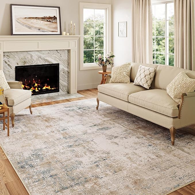 12x15 Area Rug Beige Blue Abstract Non Slip Soft Low Pile Washable Rug for Living Room Bedroom Dining Room Office Neutral Modern Indoor Extra Large Throw Carpet for Home Decor
