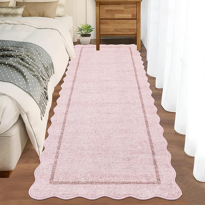 GarveeHome Scalloped Washable Runner Rug 2x6 Runner Non Slip Kitchen Rug Modern Pink Rug Entryway Rug Farmhouse Soft Bathroom Rugs Stain Resistant Carpet for Hallway Laundry Bedroom 2'x6' Pink