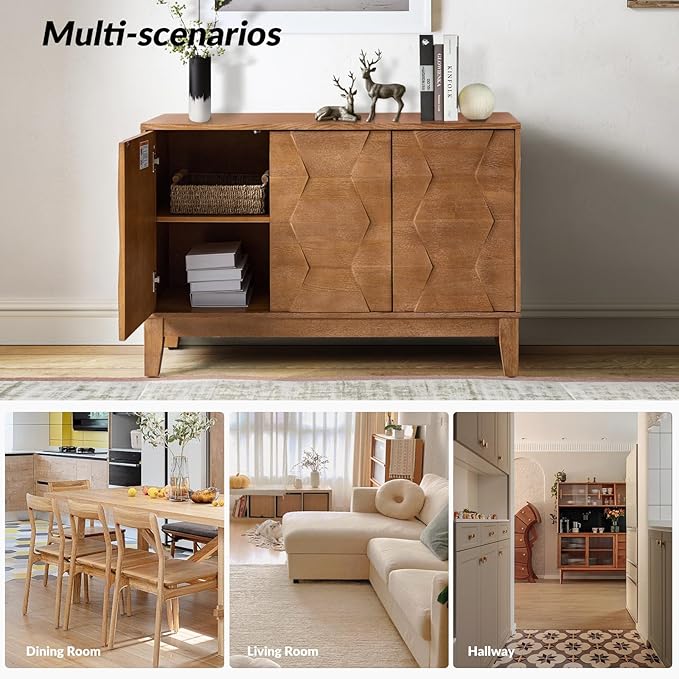HULALA HOME Modern Kitchen Buffet Cabinet Storage Sideboard with 3D Geometric Design, Freestanding Floor Cabinet with 3 Doors & 2 Adjustable Interior Shelves for Living & Dining Room Hallway, Seadrift