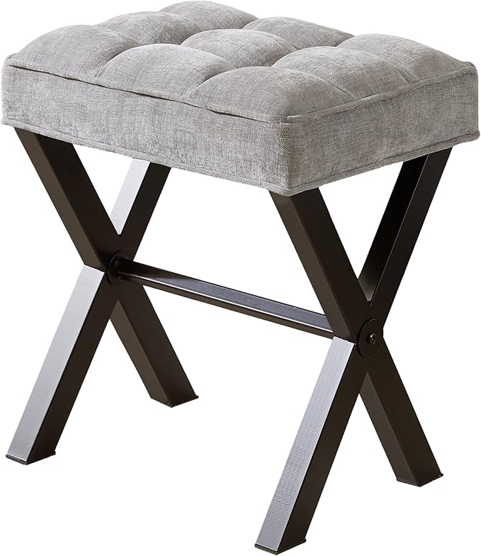 Royal Windsor Vanity Stool,Square Ottoman Stool Foot Rest,Upholstered Vanity Chair Foot Stool with Metal X Legs, Small Vanity seat for Entryway,Bedroom and Living Room,Linen Light Grey