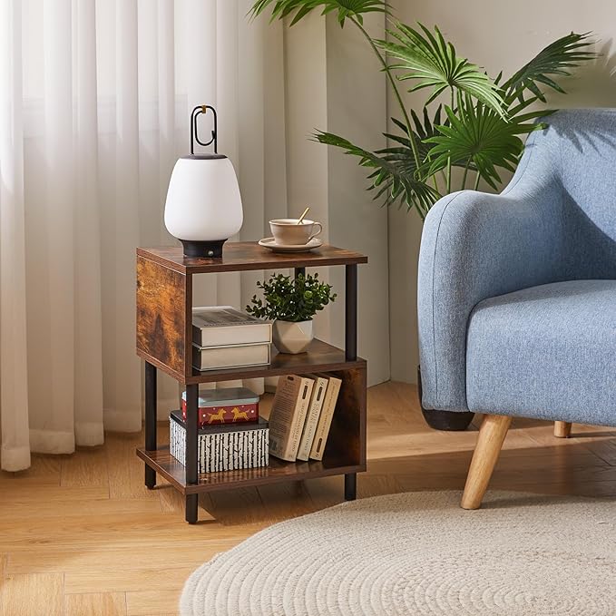 Aibiju Side Table for Bedroom, End Table Small, Mid-Century Modern Nightstand with Open Storage Shelf, Small Table Rustic Brown/Black YD-TM152H