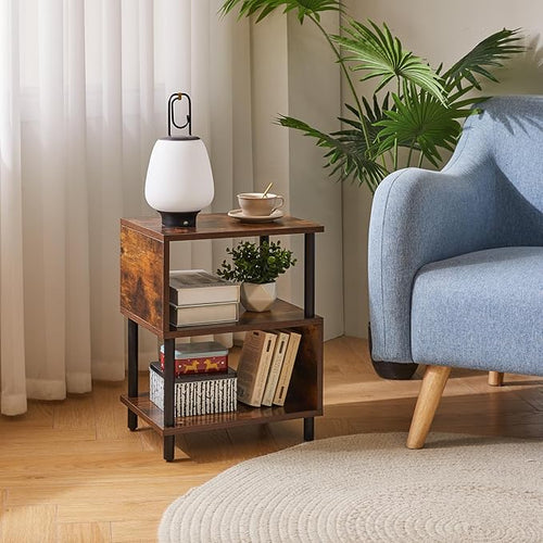 Aibiju Side Table for Bedroom, End Table Small, Mid-Century Modern Nightstand with Open Storage Shelf, Small Table Rustic Brown/Black YD-TM152H