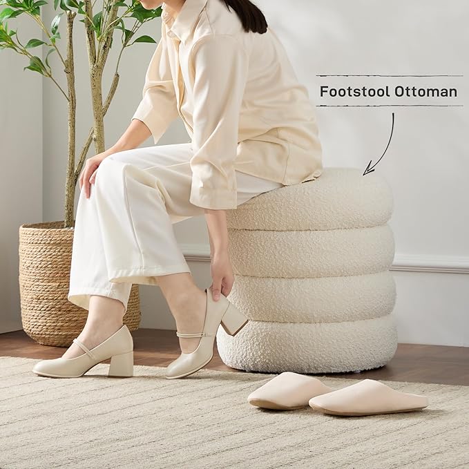 Krcix Round Ottoman with Storage Boucle Ottoman Stool with Storage Removable Lid for Living Room Modern Vanity Sorage Stool Foot Rest Bedroom Dorm Gift Set of 1 (White)