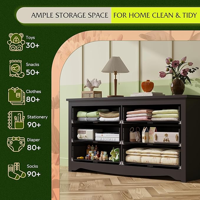 WLIVE Black Wooden Dresser for Bedroom, 6 Drawers Chest of Drawers, 59" Wide Modern Dresser Closet Storage Organizer for Living Room Hallway