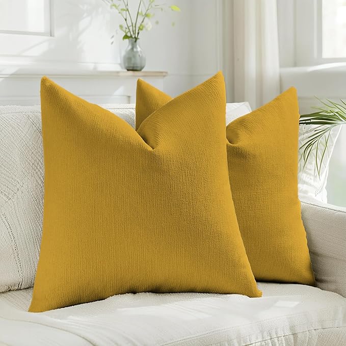 HAUSSY Mustard Yellow Throw Pillow Covers 24x24 Inch Set of 2,Boho Decorative Faux Linen Throw Pillows Cozy Farmhouse Accent Cushion Covers,Home Decor for Couch Sofa Bed Living Room