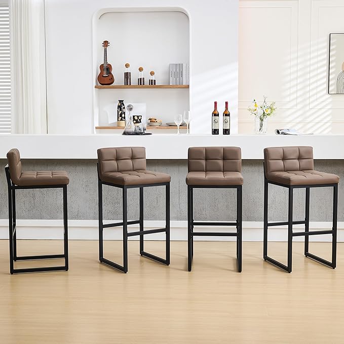 FIRAVOE Bar Height Stools Set of 4, Upholstered Barstools with Back and Thickened Metal Frame, Modern 30-inch Tall Bar Chairs for Kitchen Island, Bar, Counter (Coffee Brown, 4Pcs 30" Bar Stools)