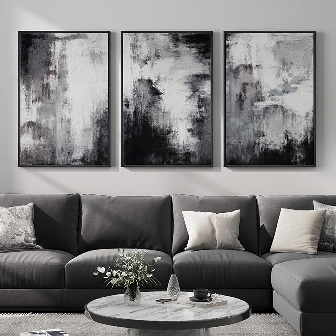 Large Framed Abstract Black and White 3 Piece Wall Art for Living Room, Modern Minimalist Grey Neutral Canvas Artwork for Walls, Contemporary Painting Print Wall Decor for Bedroom Office, 24x36 Inch