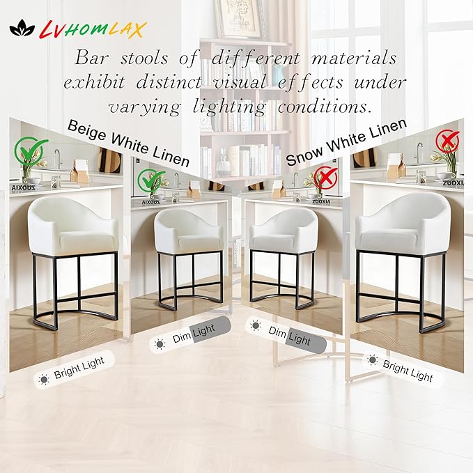 Counter Height Bar Stools Set of 3,Modern Counter Height Bar Stools,Fabric Upholstered Barrel Barstools with Backs,26'' Kitchen Island Chairs,Metal Black Frames,Off White Linen
