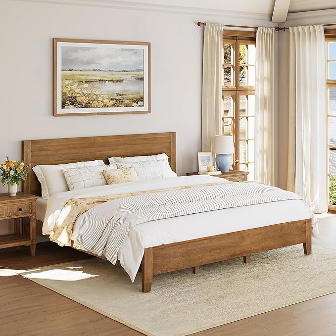 Cozyman King Bed Frame and Headboard, 100% Solid Acacia Wood Platform, 800lb Heavy Duty Support with 10 Reinforced Legs, Noise-Free No Box Spring Needed, Low-Profile Design, Dark Wood