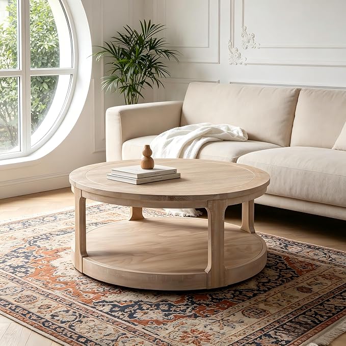 KEVINSPACE Round Coffee Table 40" Circle Coffee Table for Living Room 2-Tier Solid Wood Desktop Center Table Modern Design Accent Center Table Home Furniture for Bedroom, Home Office Oak