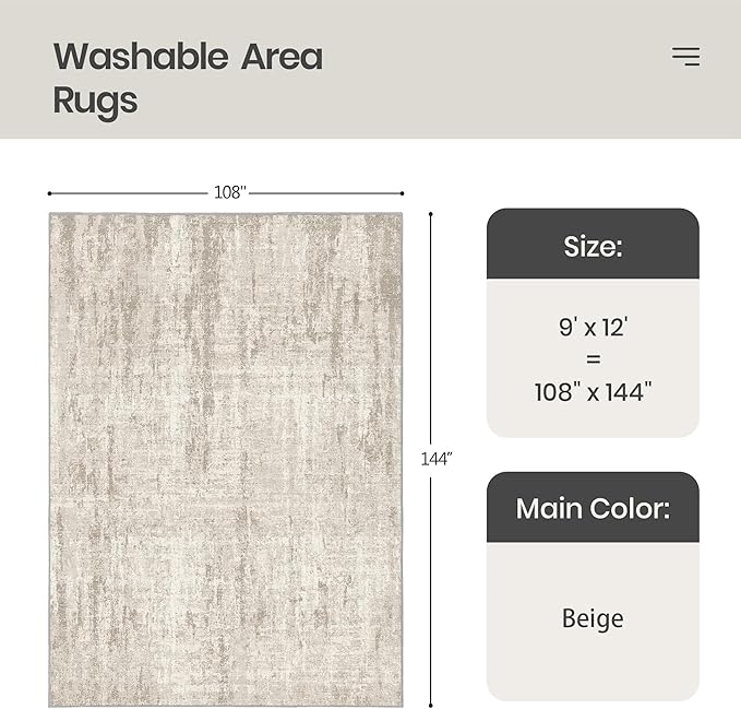 Valenrug Washable Rug 9x12 - Stain Resistant 9x12 Area Rugs for Living Room, Non Slip Backing Printed Rugs for Bedroom, Folable Machine Washable Area Rug(Beige,9'x12')