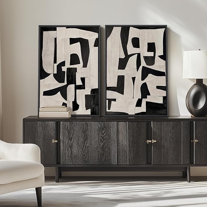Large Framed Black and White Abstract Wall Art for Living Room, 2 Piece Modern Canvas Prints Paintings Artwork for Walls, Minimalist Black Beige Pictures for Hallway Dining Bedroom Wall Decor 24x36 In
