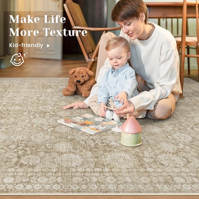9x12 Area Rugs for Living Room: Washable Large Vintage Floral Rug Low Pile Non-Slip Boho Carpet for Bedroom Home Office Dining Room (Brown, 9'x12')