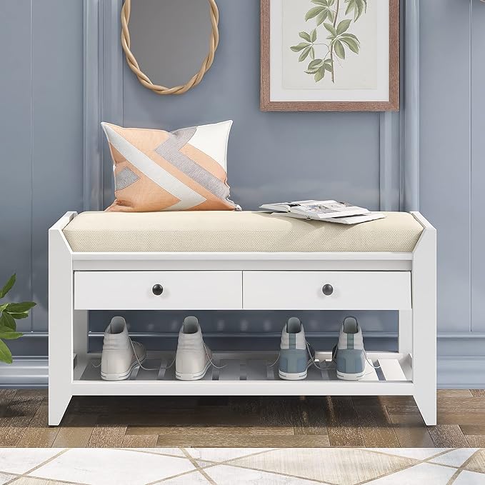 LUMISOL Storage Bench, Shoe Rack with Upholstered Seat and 2 Drawers, Solid Wood Entryway Storage Bench with Shoe Rack for Entryway, Living Room, Bedroom, White