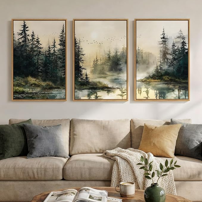 Framed Forest Landscape Nature Wall Art Bedroom, 3 Piece Foggy Pine Tree Lake Canvas Artwork for Walls, Sunset Wall Decor Paintings Pictures Print for Living Room Home Office Hallway, 16x24 Inch