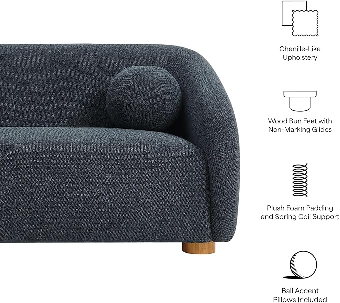 Modway Holland 85 Inch Minimalist Curved Back Sofa in Navy – Chenille Fabric Sofa with Ball Throw Pillows and Wood Feet – Modern 3-Seater Couch for Living Room