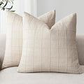 Foindtower Set of 2 Decorative Linen Check Throw Pillow Covers Neutral Farmhouse Vintage Cushion Covers Modern Boho Home Decor for Sofa Chair Couch Bedroom Living Room,22×22 Inch,Natural Beige
