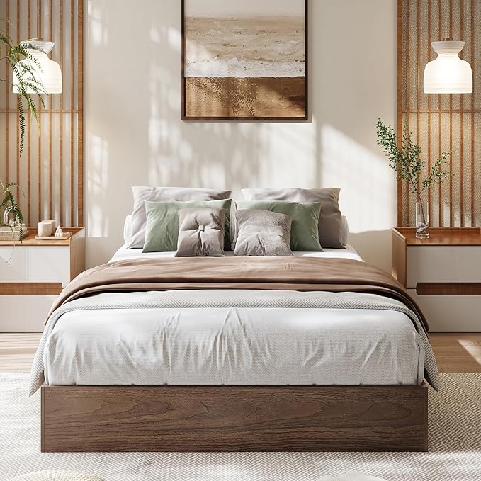 Twin XL Solid Wood Platform Bed with Sturdy Wooden Slats, Floor-Standing Bed Frame, Modern Minimalist Design Space-Saving Bed Frame, No Box Spring Needed, Space Saver, Easy Assembly, Walnut Wood