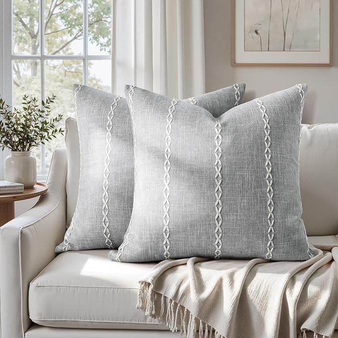 HOMEIDEAS Decorative Striped Throw Pillow Covers 18x18 Set of 2, Grey Farmhouse Pillow Covers, Neutral Faux Linen Cushion Covers for Couch Sofa Bed Home Decor