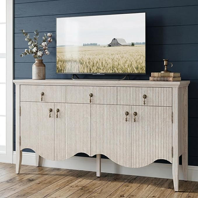 FUSUNBAO 57-Inch Sideboard Buffet Cabinet with 3 Drawers and 4 Doors, Vintage Fluted Sideboard with Scalloped Base, Vintage Storage Cabinet for Dining Room, Organic Modern Accent Cabinet, White Oak