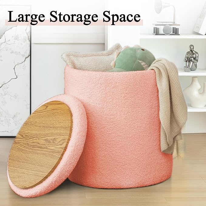 YSICK Round Ottoman with Storage, Set of 2, Small Vanity Stool as Vanity Chair, Sherpa Ottoman Foot Rest for Small Space, Living Room, Bedroom, Peach