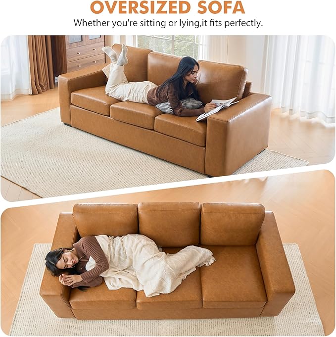 ELUCHANG 85" Luxury 3 Seater Sofa Couch for Living Room, Modern Upholstered Faux Leather Sofas Couches with Extra Deep Seats&Removable Cover, Comfy Sofa Couch for Small Space Apartment Lounge, Brown
