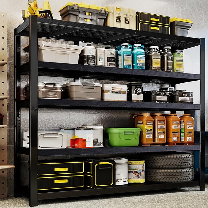 Heavy Duty Storage Shelves 62" W, Metal Shelving Rack, Garage Storage Shelf, Black Adjustable Shelving Unit for Garage, Basement, Warehouse, Workshop 3050 lbs,62" W x 24" D x72 H