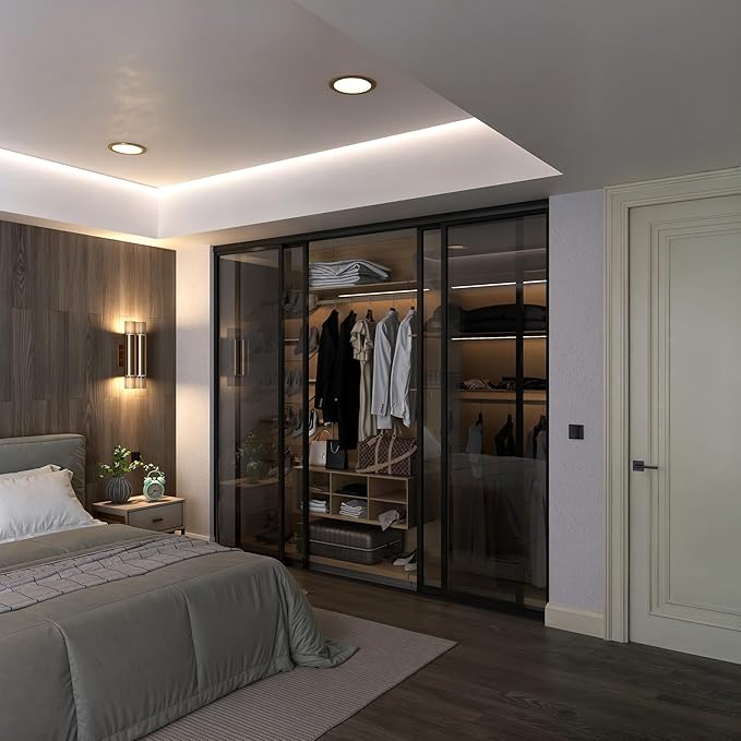 Door55 4 Panel Glass Sliding Door with Aluminum Frame, Silent Glide Technology, Bedroom Closet Doors (Lite Smoked Glass, 96x80)