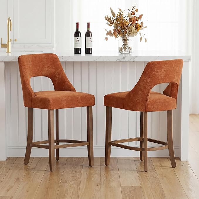UVV Bar Stools Set of 2, Upholstered Counter Height Bar Stools, Modern Counter Stools with Wood Legs for Kitchen Island Dining Room Bar, Orange