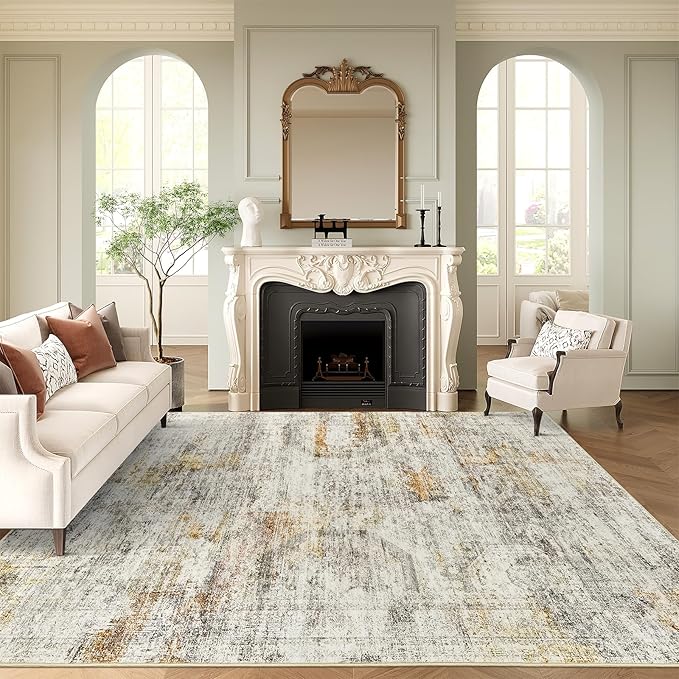 Soalmost Washable Area Rug 8x10, Large Soft Abstract Rugs for Living Room Vintage 8x10 Area Rugs for Bedroom Dining Room Non-Slip Stain Resistant Under Table Gray Rust Rug
