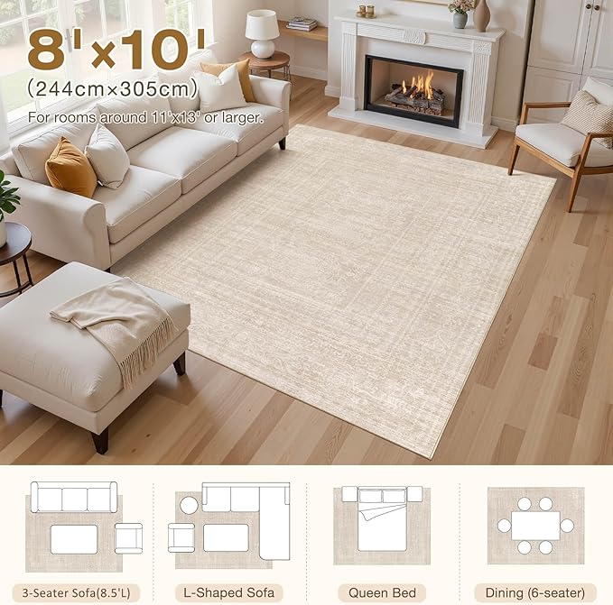 Nakagishi 8x10 Area Rugs Living Room: Washable Large Vintage Beige Rug Neutral Non-Slip Soft Stain Resistant Indoor Carpet for Bedroom Nursery Dining Room Under Table Bed Home House Office Playroom