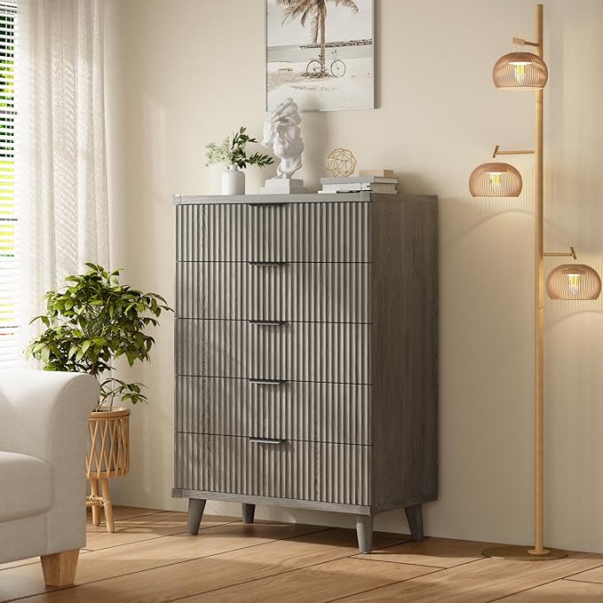 Lulive Dresser for Bedroom Wood Tall Dressers Drawers, Fluted Modern Dresser 5 Drawers (Dark Grey Oak)
