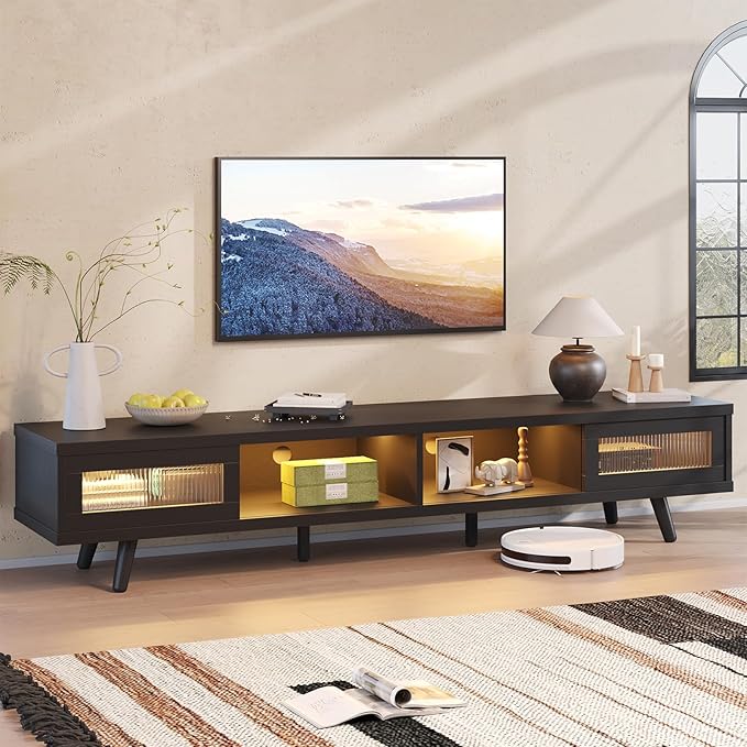 Bestier Mid Century Modern TV Stand for 75 inch TV, LED Entertainment Center with Storage and Sliding Doors, Low Profile TV Consoles for Living Room, Embossed Black