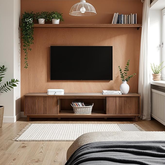Walker Edison Arundo Fluted TV Stand for TVs up to 80 Inches, 70" TV Stand, Mocha
