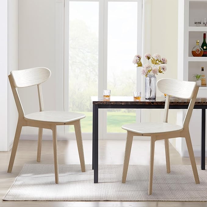 Modern Dining Chairs Set of 2, Solid Oak Wood Dining Chair with Comfortable Backrest, Sturdy Wooden Chairs for Kitchen, Dining Room, White