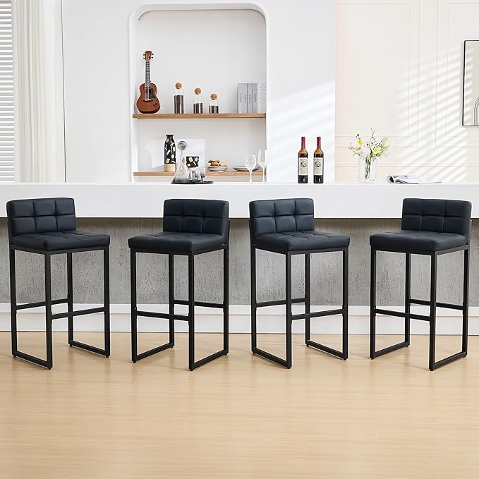 FIRAVOE Modern Bar Stools Set of 4, Upholstered Bar Height Barstools with Low Back and Thickened Metal Frame, 30-inch Tall Island Chairs for Kitchen Island, Bar, Counter (Black, 4Pcs 30" Bar Stools)
