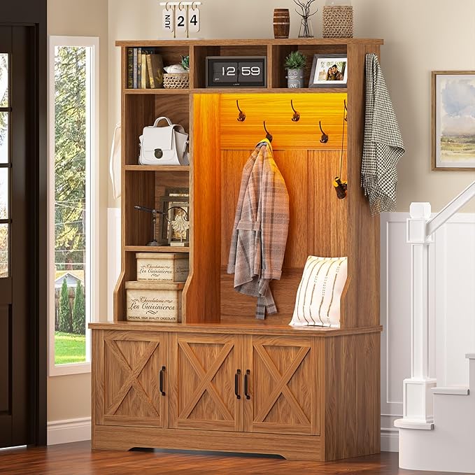 CSZZD Hall Tree with Bench and Shoe Storage, Farmhouse Entryway Bench with Coat Racks and Led Lights, Tall Hall Tree with 7 Coat Hooks, 6 Storage Cubbies, Adjustable Shelf