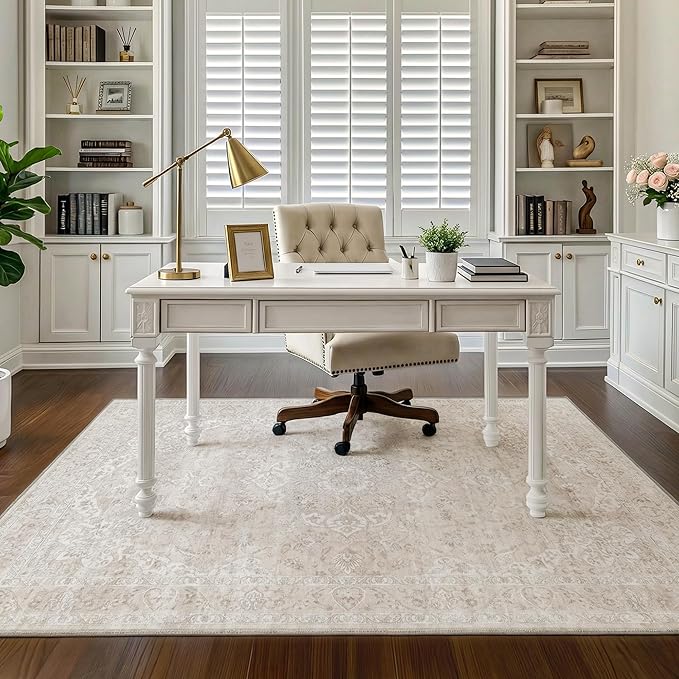 FMFUNCTEX 3x5 Washable Area Rug Beige Vintage Neutral Distressed Non Slip Low Pile Floral Retro Indoor Carpet for Entryway Entrance Thin Soft Rug Living Room Bedroom Kitchen Office Desk Laundry