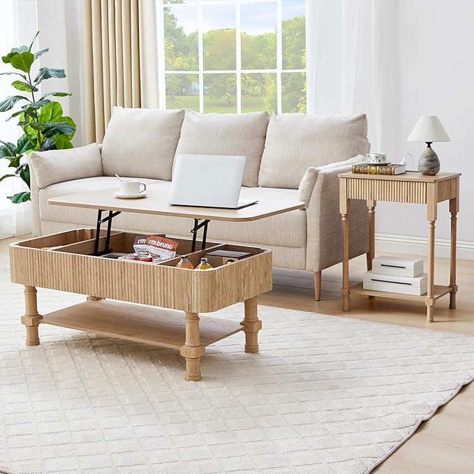 XUZENEST Fluted Nightstand with Charging Station, 23.6” Large Bed Side Table End Table with Drawer, Modern Mid Century Solid Wood Legs Night Stands Bedside for Bedroom Living Room Sofa Office, Natural